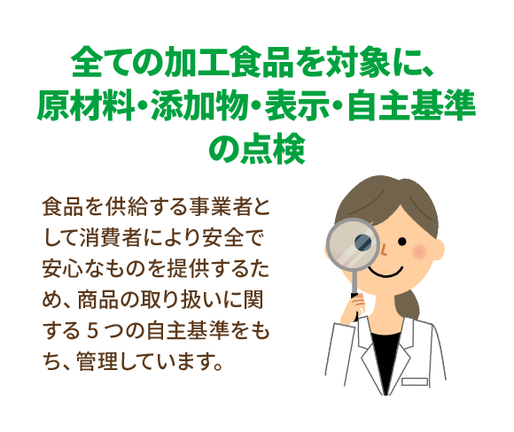 全ての加工食品を対象に、原材料・添加物・表示・自主基準の点検